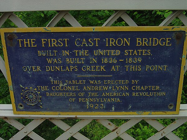 Plaque commemorating the first cast iron bridge built in the United States