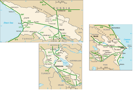The E-road network in Georgia, Armenia, Azerbaijan. However, the border between Armenia and Azerbaijan is closed due to strained relations between the two countries. E-roads-Caucasus-countries.png