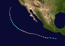 A track map of the path of a hurricane off the Pacific coast of Mexico; it initially moves westward, and then spends its entire life as a tropical cyclone curving gradually to the north