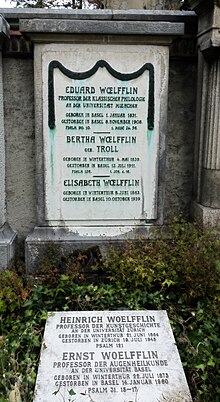 Eduard Wölfflin-Troll (1831–1908) filolog, cimitirul Wolfgottesacker, Basel.  Mormântul sculptorului în piatră Oscar Lippe