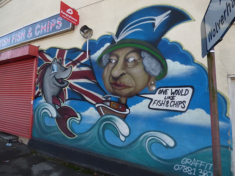 File:Famous British Fish & Chips - Holyhead Road, Wednesbury - graffiti street art - The Queen (24657024128).jpg