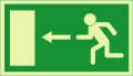 歐盟標準緊急出口標示樣式，人像、逃生方向箭頭和代表門口的矩形按方向先後順序清晰列出。箭頭可向八個方向表示往出口的方向（向上或向下代表出口往前，向左／右代表出口往左／右，向左上／左下／右上／右下代表出口往左方上層／左方下層／右方上層／右方下層）；人像、箭頭和矩形的方向先後順序則視乎出口往左或往右（往前方不在此限）。