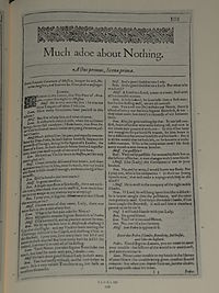 Faksimil av första sidan i Much adoe about Nothing från First Folio, publicerad 1623