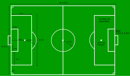 Dessin en couleur du terrain de football sur lequel les dimensions principales sont inscrites.