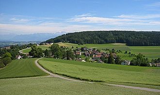 Widok z Forchdenkmal na stronę Küsnacht w Forch i Pfannenstiel