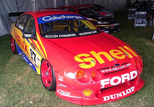 The Ford Falcon AU which Johnson and Paul Radisich drove to victory in the 2001 Queensland 500. The car is pictured in 2018