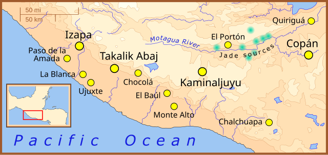 Map showing Quiriguá's location at the eastern end of the Motagua drainage and showing a tight cluster of jade sources upriver to the west. The landmass is bordered by the Pacific Ocean to the southwest.