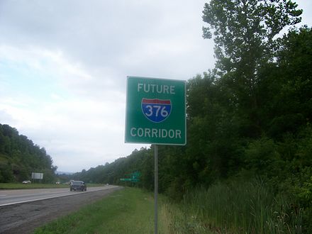 Signs reading "Future I-376 Corridor" were posted along PA 60 from late April 2006 until 2010. This one was located on the New Castle Bypass.