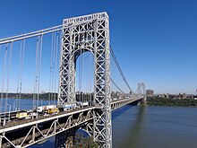 The George Washington Bridge, across the Hudson River, is the world's busiest motor vehicle bridge. GWBfromFortLeeHistoricPark.JPG