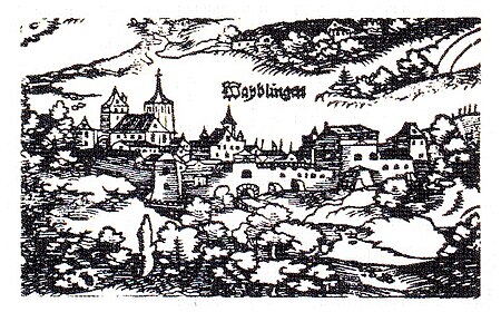 Gesamtansicht von Waiblingen um 1535 mit der einzigen überlieferten Darstellung des Waiblinger Schlosses