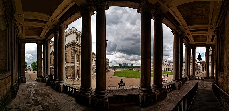 File:Greenwich - Old Royal Naval College 1696-1712 Sir Christopher Wren - College Way - King William Court Colonnade at the Painted Hall - Grand Square, Greenwich Water Gate, Docklands 01.jpg