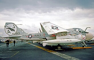 VA-35 Grumman KA-6D Intruder aboard USS Nimitz during a visit to Scotland in 1975. The Black Panther marking is displayed on the fin Grumman KA-6D 152913 VA-35 Nimitz 05.09.75 edited-2.jpg