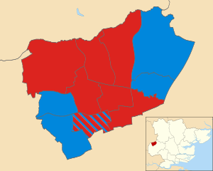 Map showing the composition of Harlow District Council after the 2019 election. Labour in red and Conservatives in blue. Harlow UK political composition map.svg