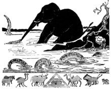 "How the elephant got his trunk" in Rudyard Kipling's Just So Stories, 1902. Below the main image, a parade of animals go two by two into Noah's ark. Illustration at p. 73 in Just So Stories (c1912).png