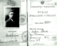 Student's book (indeks) of Jewish medical student Marek Szapiro at Warsaw University, with rectangular "ghetto benches" ("odd-numbered-benches") stamp Index of Jewish student in Poland with Ghetto benche seal 1934.PNG