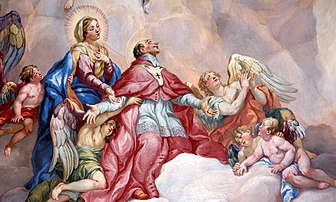 L'intercession de Charles Borromée, soutenue par la Vierge Marie (1714), détail de la fresque peinte par Johann Michael Rottmayr (1654-1730) sur le dôme de l'église Saint-Charles-Borromée, à Vienne. (définition réelle 3 616 × 2 175)