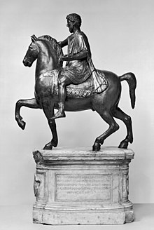 Equestrian statue of Roman emperor Marcus Aurelius from 176 AD. This statue is believed to be from the Capitoline Hill in Rome, and is the only equestrian statue that survives. Italian - Equestrian Statue of Marcus Aurelius - Walters 54663.jpg