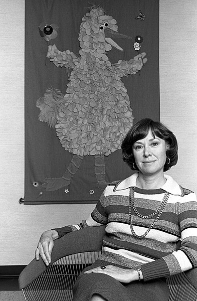 Joan Ganz Cooney, in her apartment, portrait by Lynn Gilbert, 1977, New York