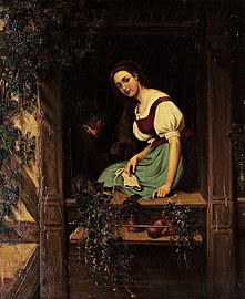 Ung kvinna i fönster med stickning och katt. Oljemålning.