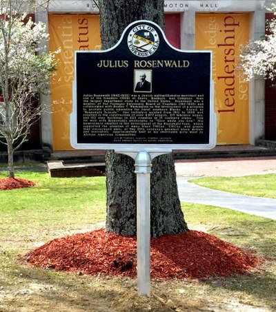 Julius Rosenwald Historical marker at the entrance to Tuskegee University.