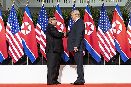 North Korean leader Kim Jong-un and U.S. President Donald Trump meet during the first North Korea–United States summit in Singapore, June 2018