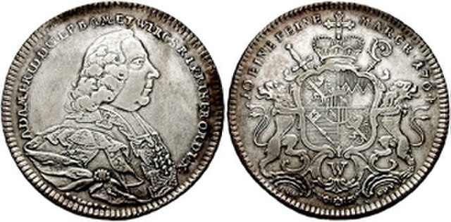 Silver coin showing the effigy and coat of arms of Prince-Bishop Adam Friedrich von Seinsheim (1764)