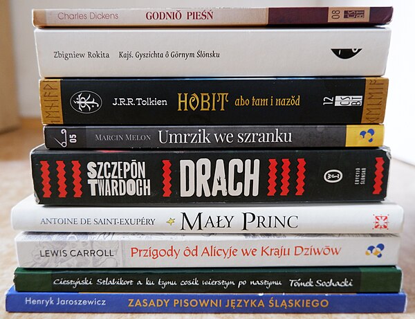 Examples of books in Silesian, e.g. translations of The Hobbit, The Little Prince or A Christmas Carol