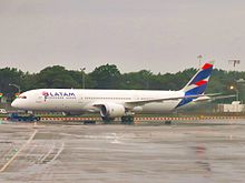 A LATAM Chile Boeing 787-9 Dreamliner at John F. Kennedy International Airport in July 2016. LATAM Chile Boeing 787-9 Dreamliner CC-BGB.jpg