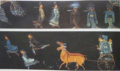 A lacquerware painting from the Jingmen Tomb (Chinese: 荊門楚墓; pinyin: Jīngmén chǔ mù) of the State of Chu (704–223 BC), depicting women and men wearing precursors to traditional silk dress) and riding in a two-horsed chariot