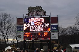 Fisher Stadium's scoreboard following Lafayette College's victory over Lehigh University in the 142nd edition of "The Rivalry" in 2006. The series between the two colleges, which are 17 miles (27 km) away from each other in the Lehigh Valley, is the most-played rivalry in college football history with 158 meetings since 1884. Lafayette2006PLchampsboard.JPG