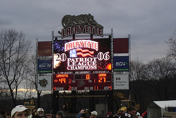 The Fisher Stadium scoreboard in Easton, Pennsylvania following Lafayette College's victory over Lehigh University in the 142nd edition of "The Rivalry" in 2006. The series between the two colleges, which are 17 miles (27 km) away from each other in the Lehigh Valley, is the most-played rivalry in college football history with 157 meetings since 1884.