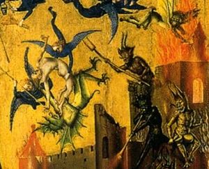 Angels battle with demons in the upper right of the panel. Last Judgement Lochner detail1.jpg