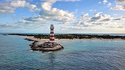 The lighthouse open to visitors on the island with LED lights integrated throughout the structure for visual light shows.