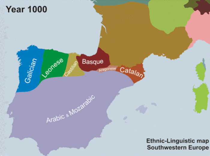 Map showing the historical retreat and expansion of Galician (Galician-Portuguese) within the context of its linguistic neighbours between the year 1000 and 2000.