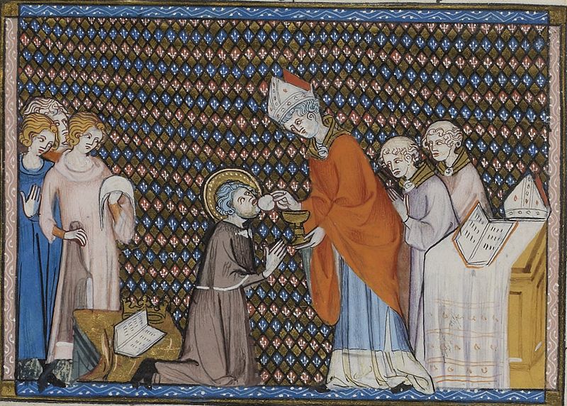 Enluminure représentant Saint Louis agenouillé, recevant l'Eucharistie des mains d'un évêque.