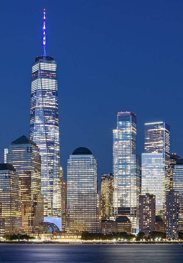 The complex seen on September 11, 2020 One WTC (left), Brookfield Place (left and center), 3 WTC and 4 WTC (right). 7 WTC, the Perelman Performing Art