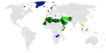 Negara-negara yang menjadikan agama Kristen sebagai agama negara (peta terperinci; lihat legenda untuk keterangan lebih lanjut)