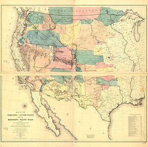 Map of western military departments, circa 1858 Map of the territory of the United States from the Mississippi to the Pacific Ocean; ordered by Jeff'n Davis, Secretary of War to accompany the reports of the explorations for a railroad route. LOC 76695826.jpg