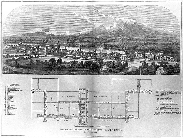 Drawing and floor plan of the Middlesex County Lunatic Asylum