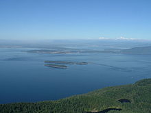 View eastward from Mount Constitution over the Rosario Strait with Mount Baker visible