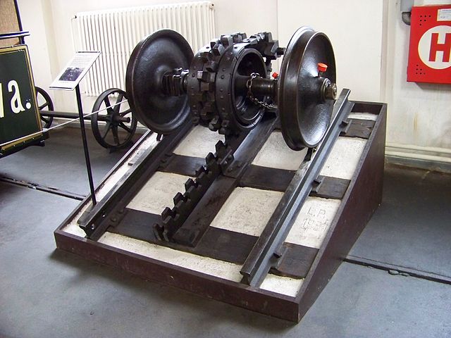 Petřín funicular wheelset with Abt rack and pinion brake