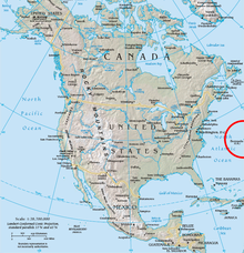 Map of North America and the northern West Indies with Bermuda circled