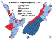 Die größten Konfessionen Neuseelands pro Distrikt (2013)