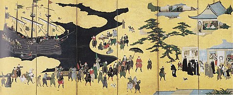 Nanban trade. The screen shows foreigners arriving at a shore of Japan. Kano Naizen "Nanbanjin Inauguration" (right), circa. 1600