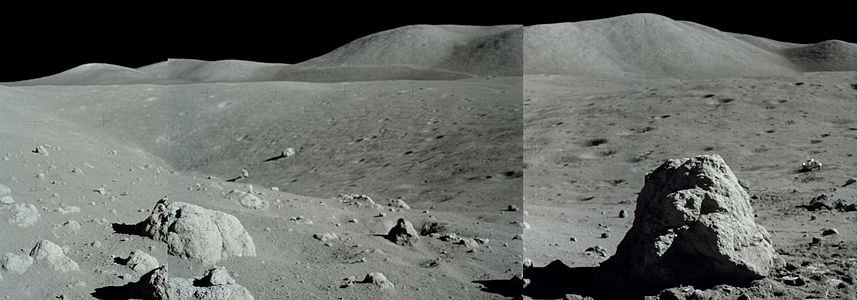Nansen crater at the base of South Massif, facing north. Note the rover near the right edge for scale. The boulder in right foreground (boulder 2) was heavily sampled by the astronauts.