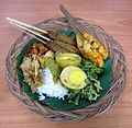 Balinese nasi campur with two types of sate lilit, beef and fish.