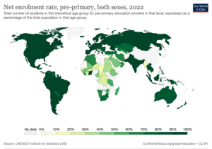 World map for indicator 4.2.2 in 2015 - Total number of students in the theoretical age group for pre-primary education enrolled in that level, expressed as a percentage of the total population in that age group. Net-enrolment-rate-pre-primary.png