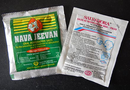 Examples of commercially available oral rehydration salts (Nepal on left, Peru on right)