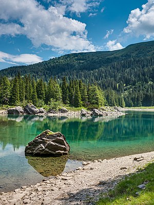 View of Obernberger See. Obernberg am Brenner, Tyrol, Austria