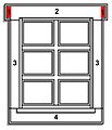 Fenster mit Ohren. – 1 Ohr (rot), 2 Sturz, 3 Laibung, 4 Fensterbank.